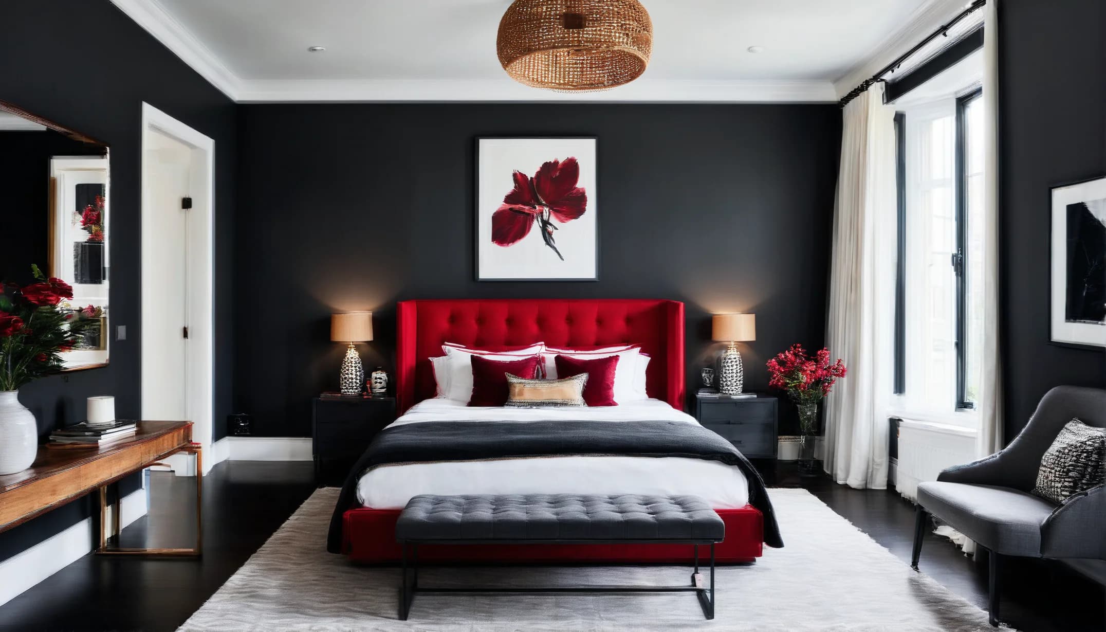 A black-walled bedroom with a red velvet tufted headboard and a dark tufted bench at the foot of the bed