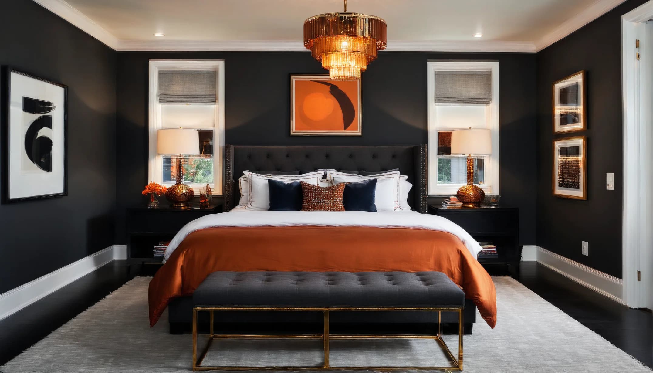 A black-walled bedroom with a copper glass chandelier, a rust-colored bedspread and a tufted bench