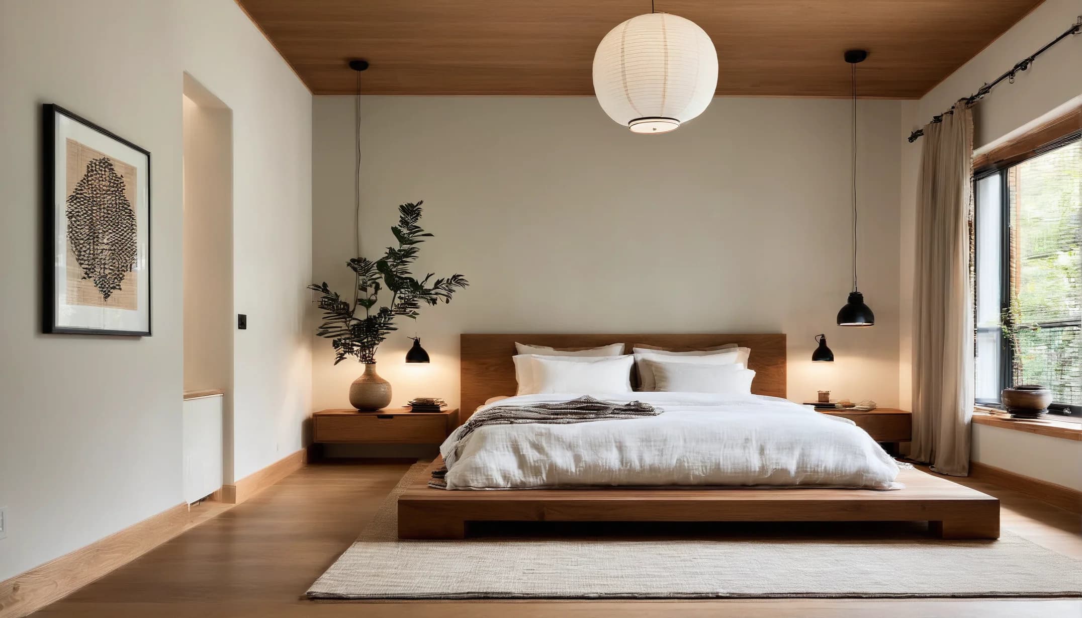 A calm bedroom with a wood ceiling, a round paper lantern, a low walnut platform bed and linen curtains