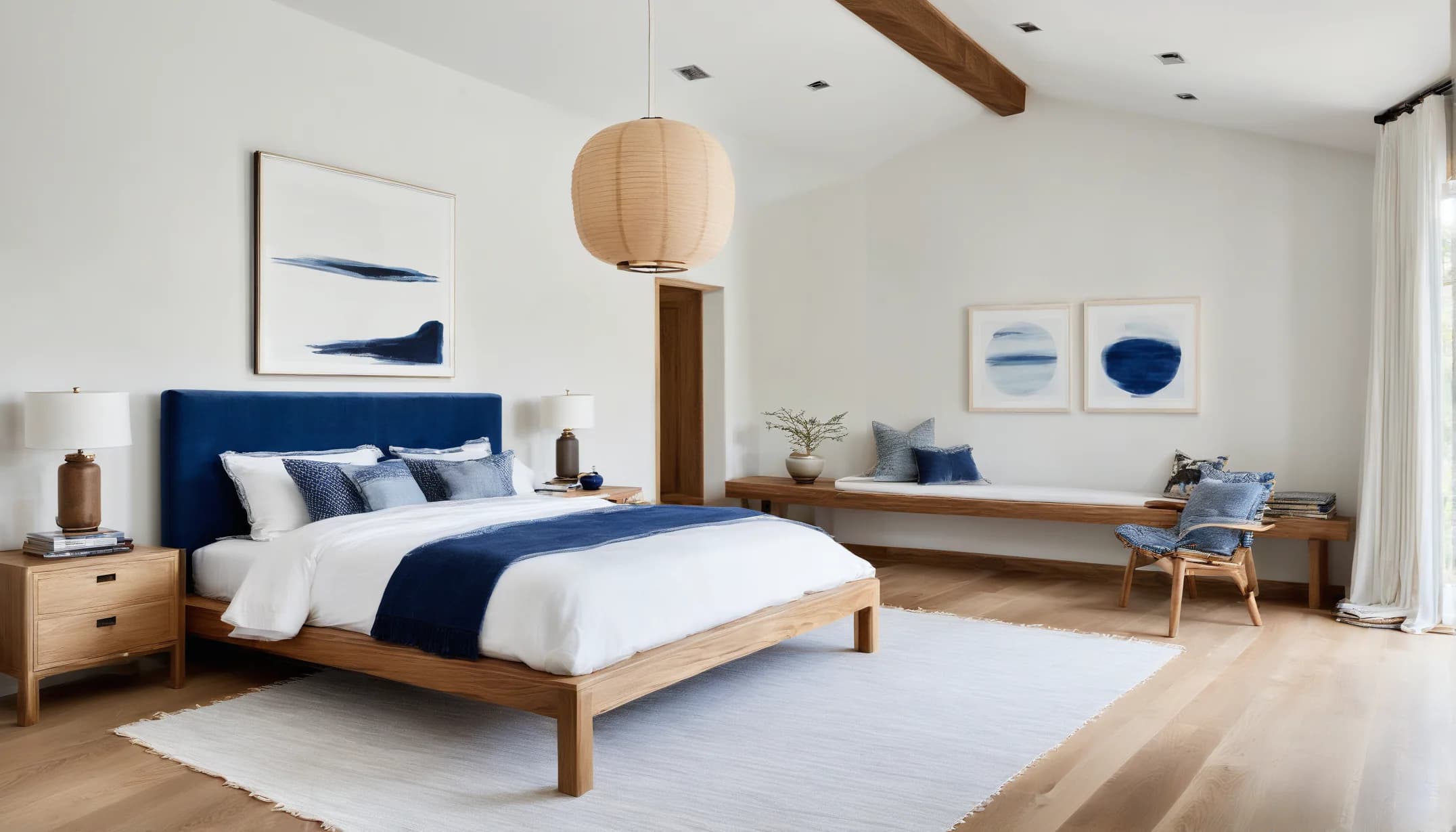 A Japandi bedroom in indigo and white oak