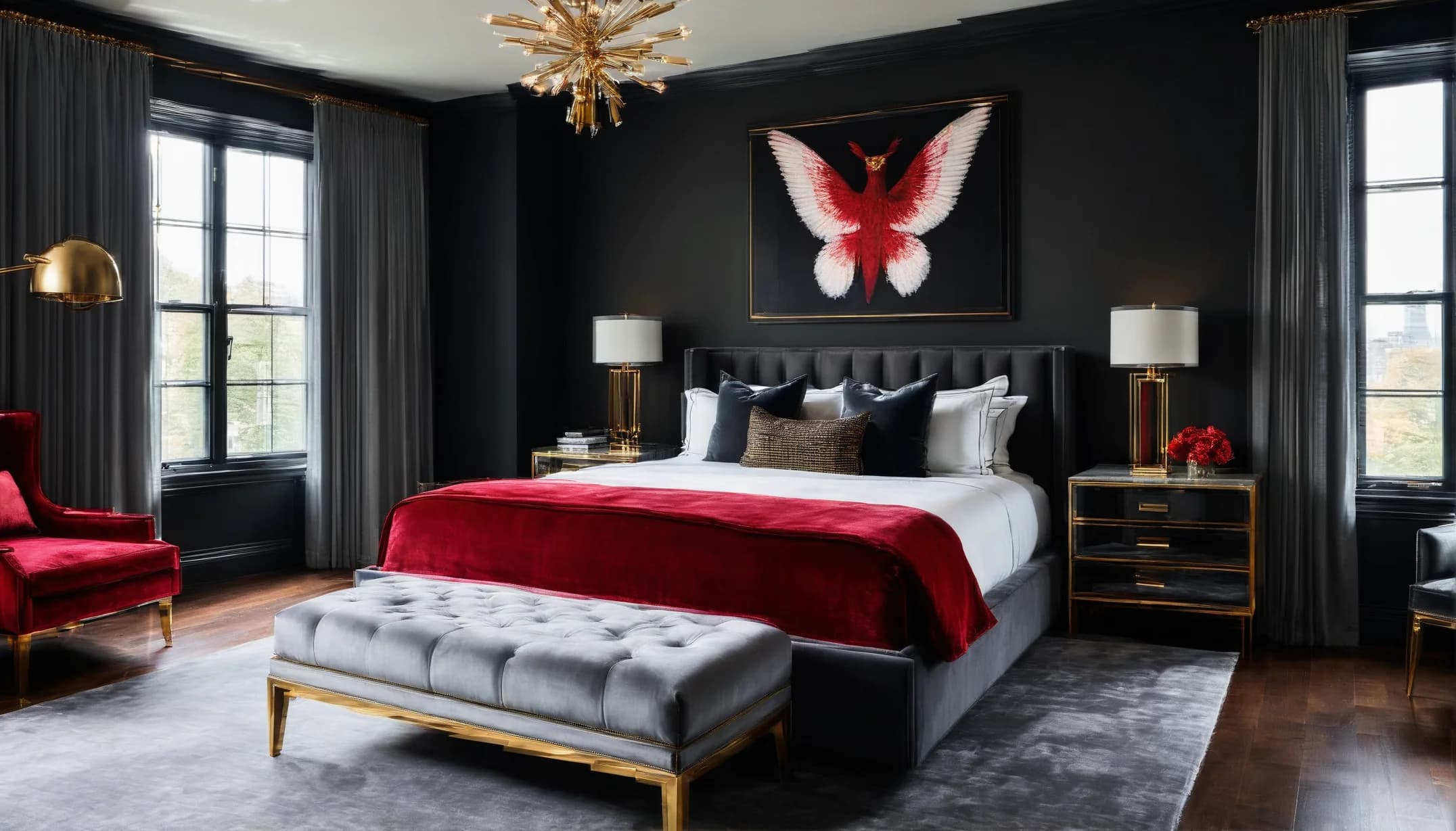 A modern noir bedroom with black walls and crimson velvet