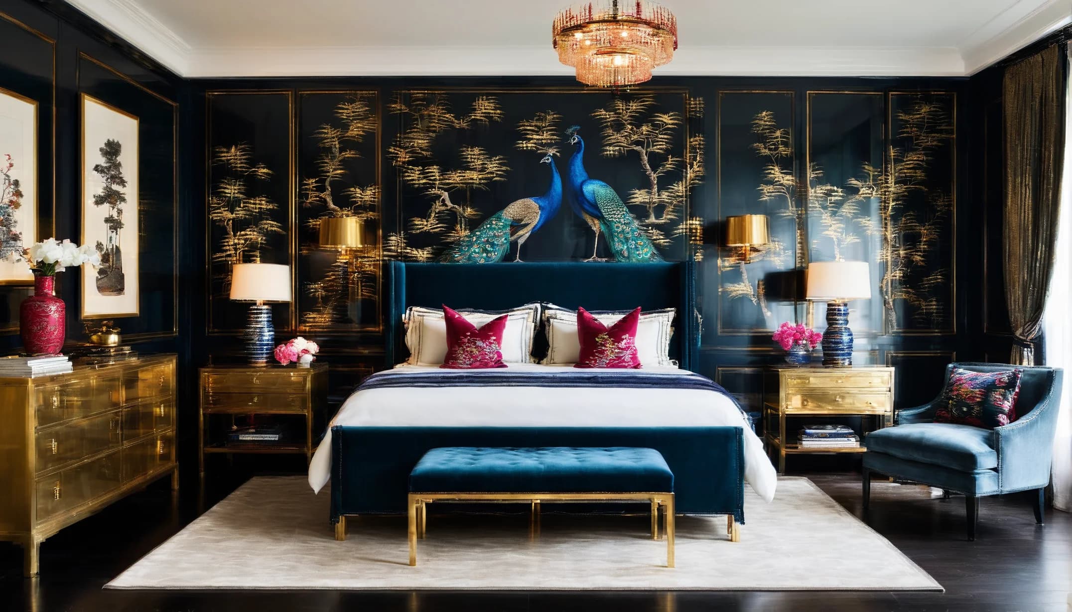 A lacquered navy bedroom with gold peacock panels, a velvet bed and a tufted bench at its foot