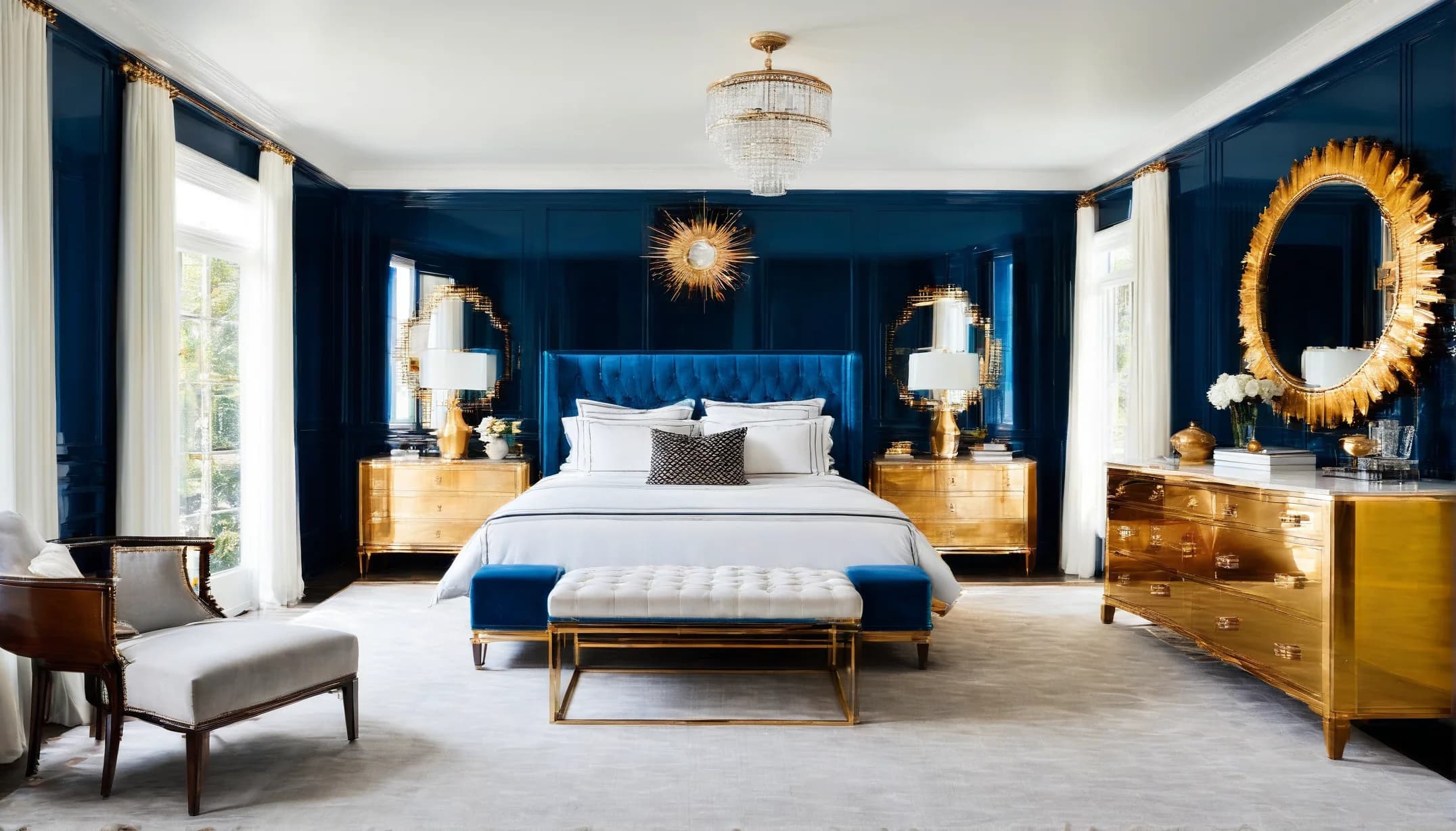 An Art Deco bedroom in navy lacquer with gold accents