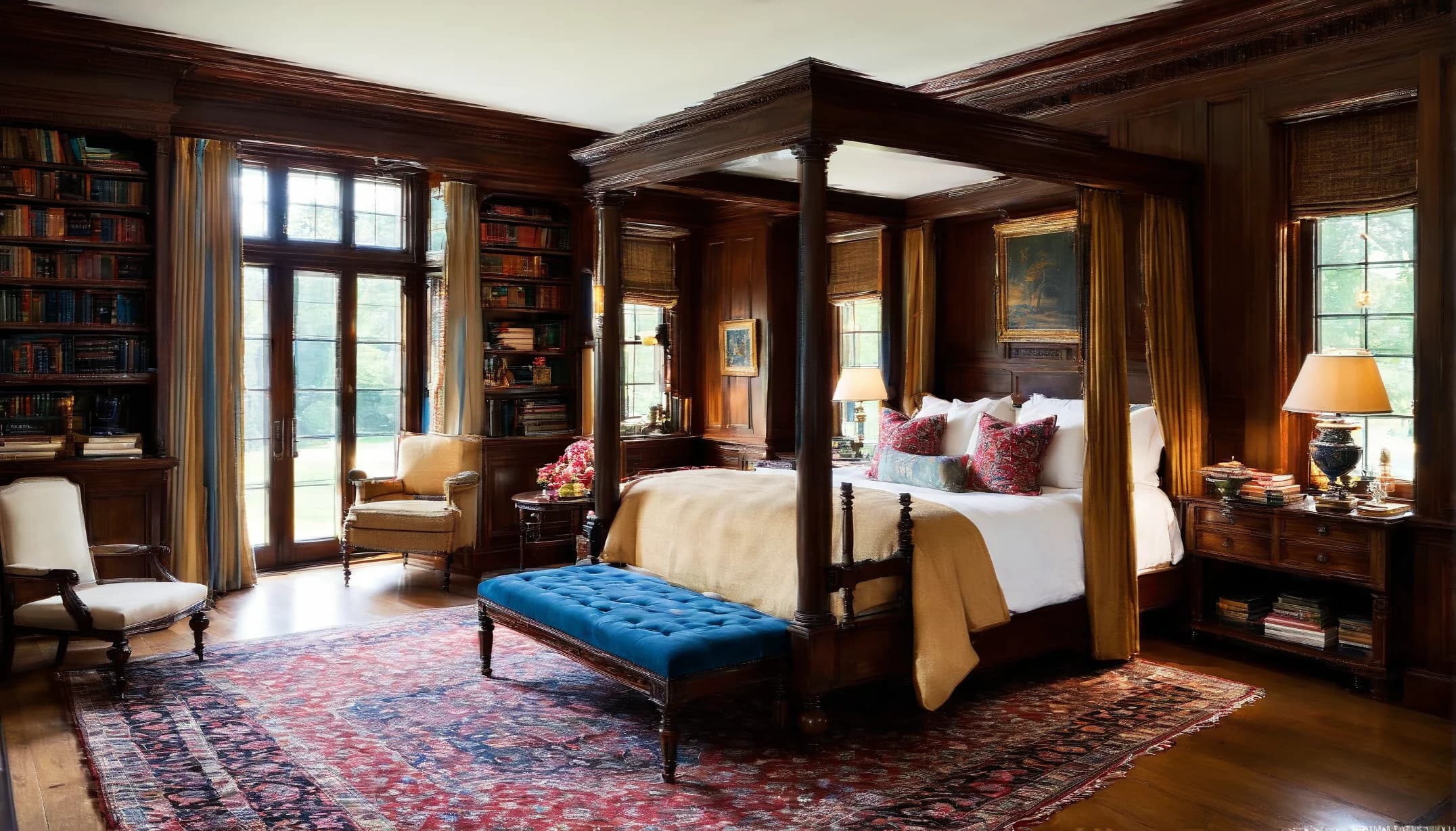 A library-style bedroom with a four-poster bed and shelves of books