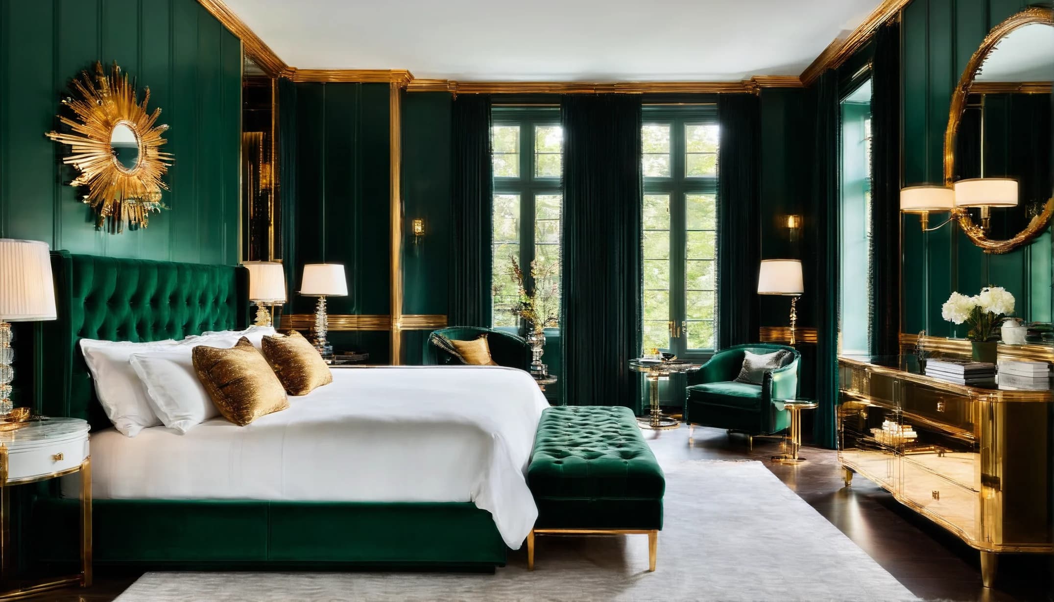 An Art Deco bedroom with emerald panels and brass mirrors