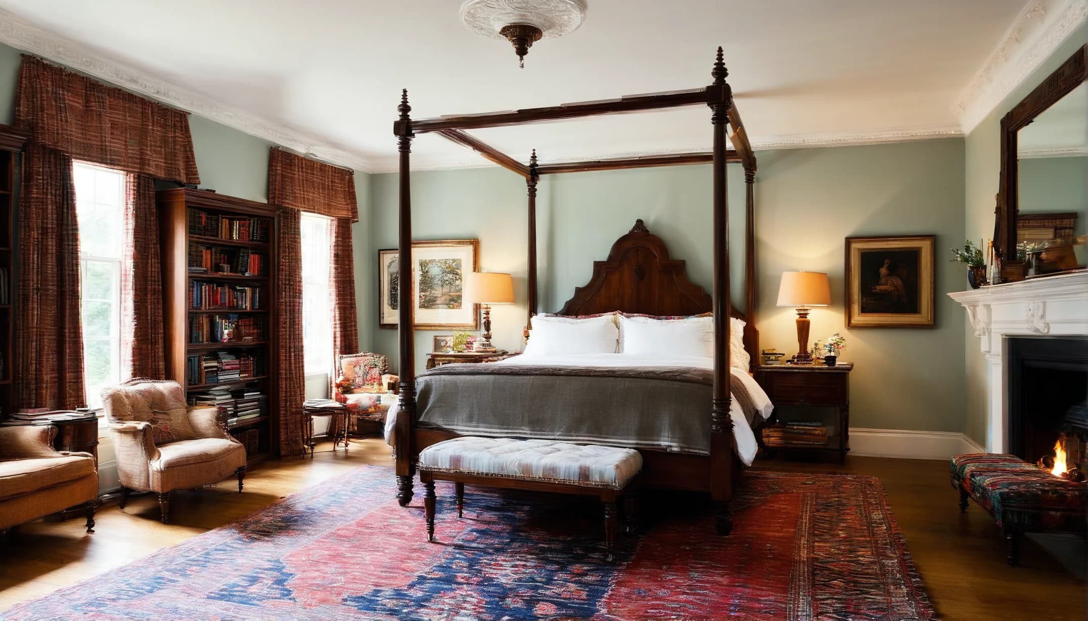 A study bedroom with a four-poster bed beside a fireplace