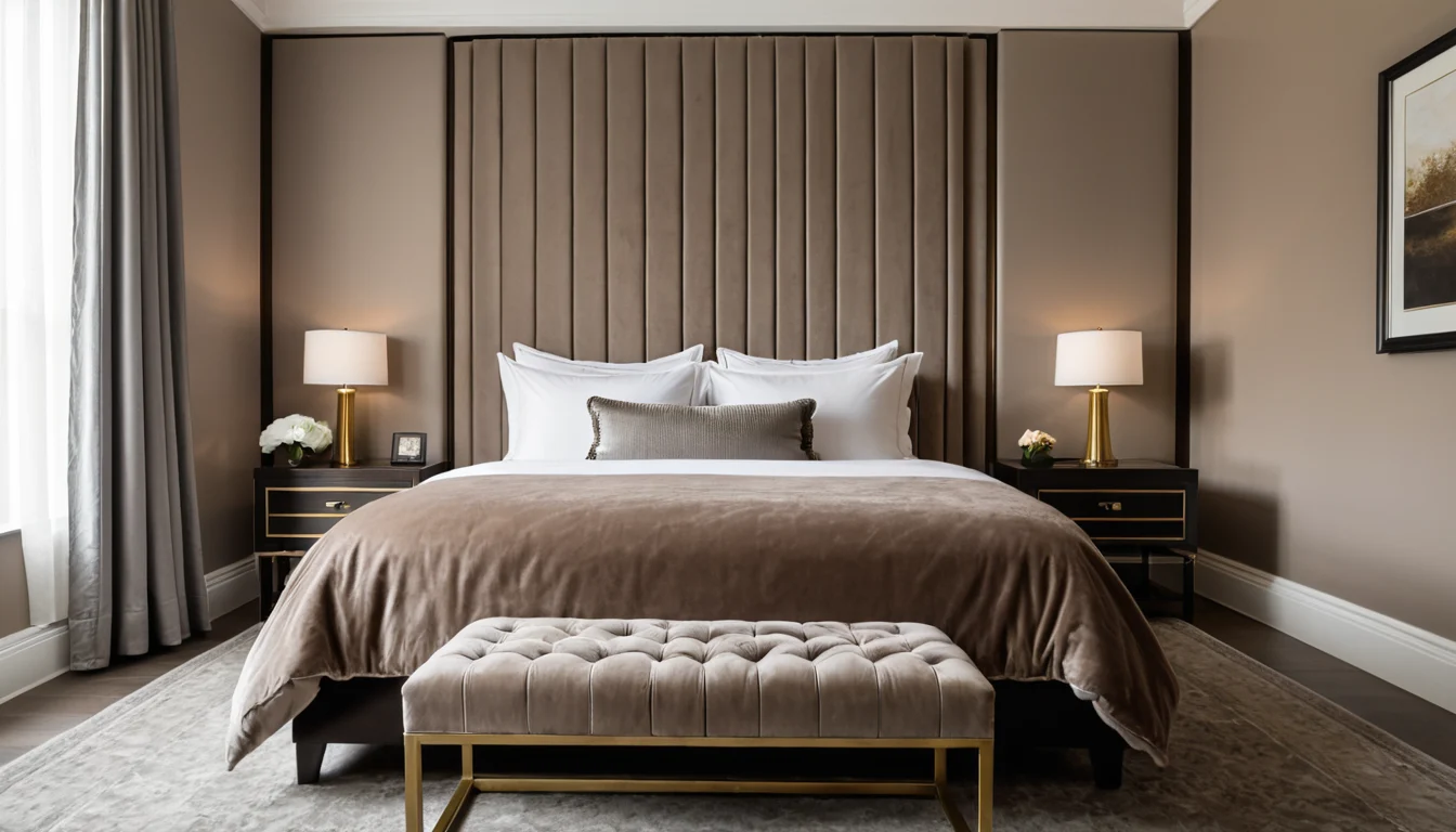 A boutique hotel style bedroom with an upholstered headboard wall, a turned-down white bed, and two dim reading lights