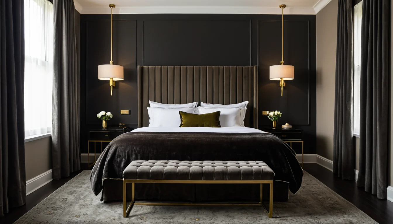 An upholstered bench at the foot of a white hotel bed holding a tray with two glasses and small plates