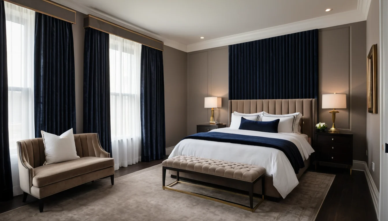Floor-to-ceiling blackout drapes drawn beside a crisply made bed with a deep upholstered headboard wall and a low bedside lamp