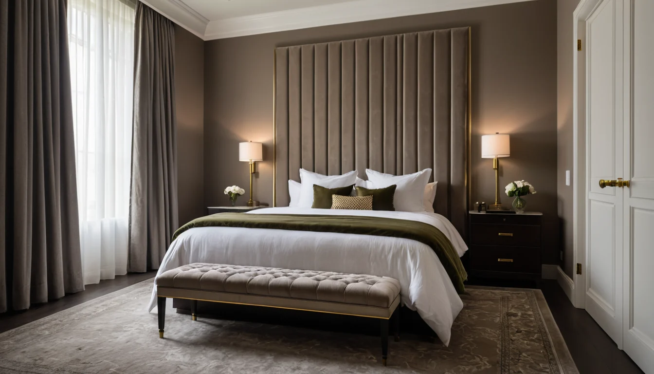 A boutique hotel style bedroom with a deep accent chair, a tray of glasses on a bench, and warm lamps glowing against a padded headboard wall