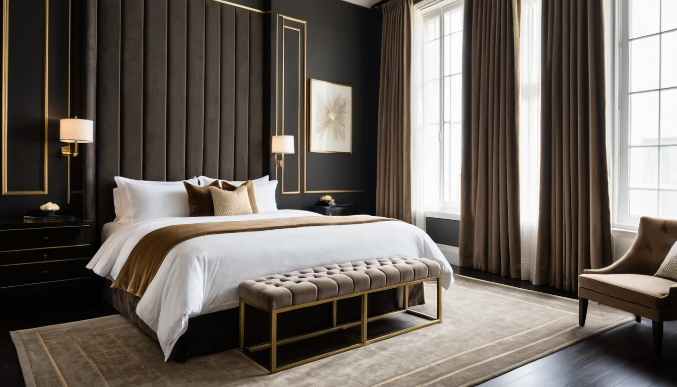A swing-arm reading light glowing low over a crisp white bed with a robe laid across the foot