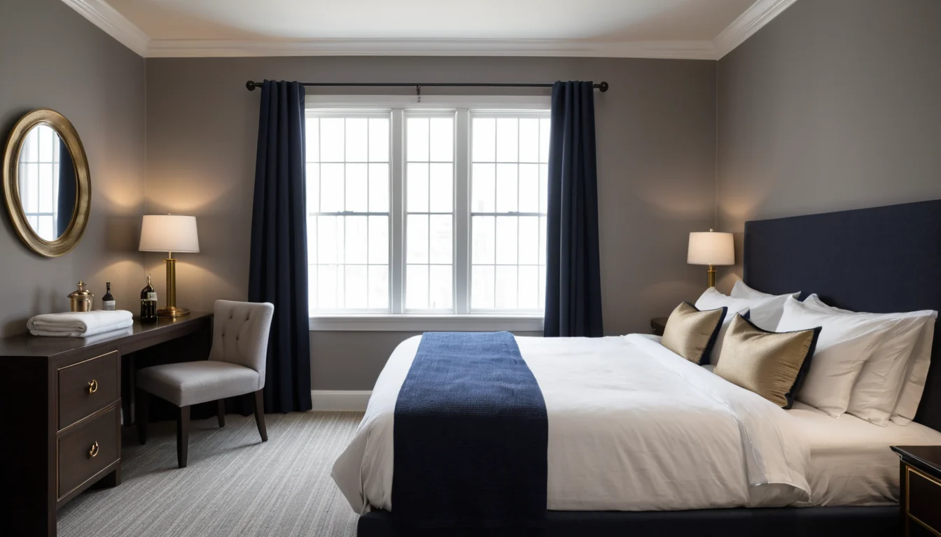 A round mirror over a lacquered nightstand reflecting a dim, crisply made hotel-style bed