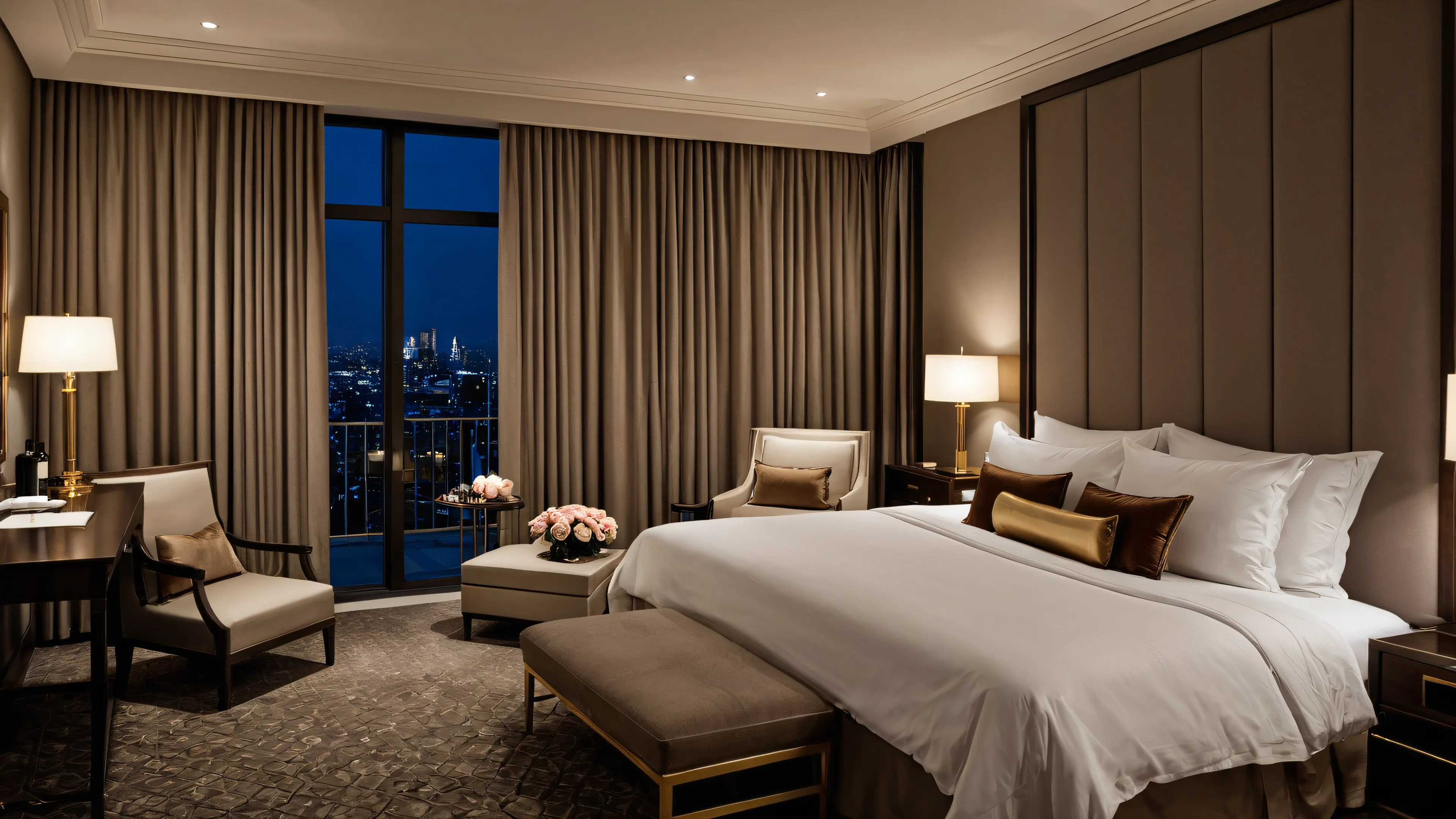 Boutique hotel style bedroom in the evening with an upholstered headboard wall, a crisply made white bed, a bench with a tray and two glasses, and dim reading lights