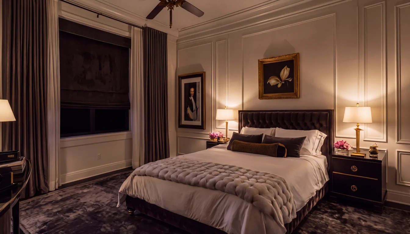 An ordinary bedroom before, and the same room in Boutique Hotel Suite at night (after)