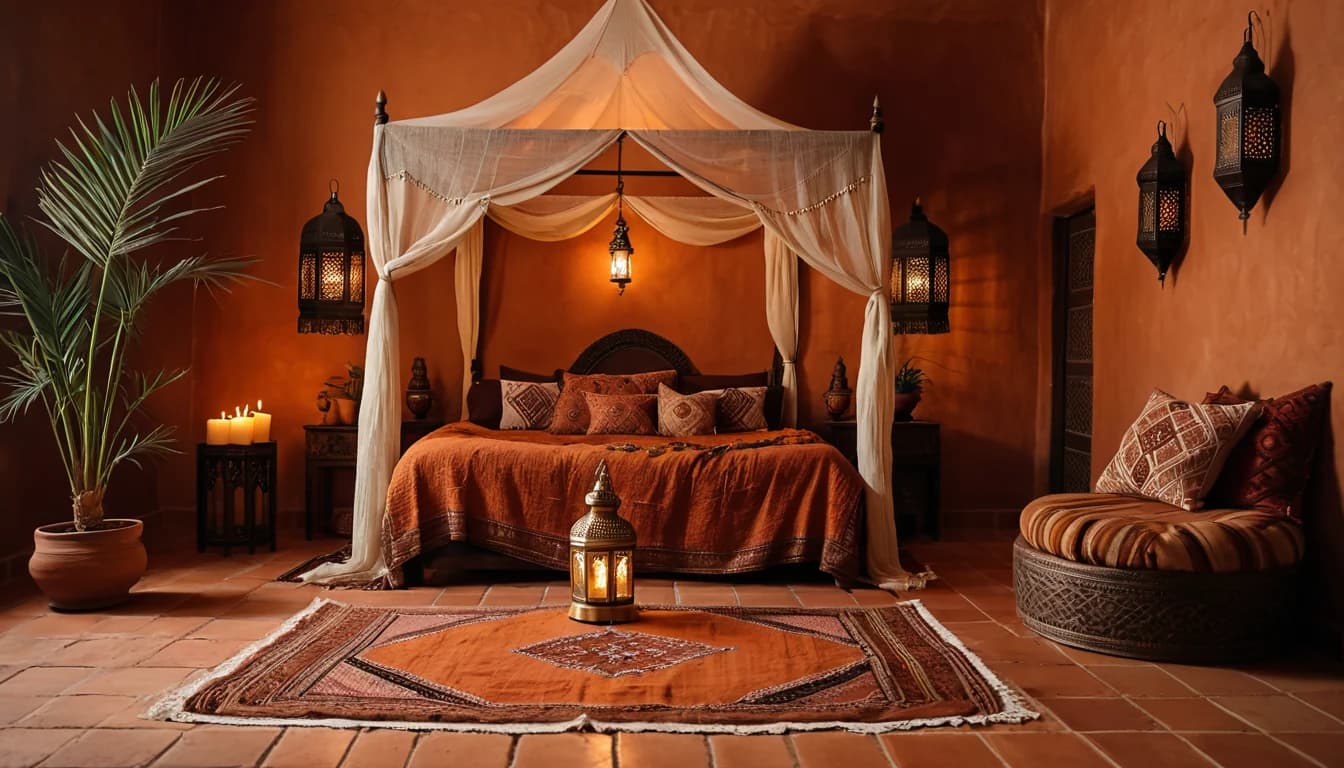 A clay-walled bedroom at dusk with floor cushions, a low tray, and brass lanterns casting patterns on the walls