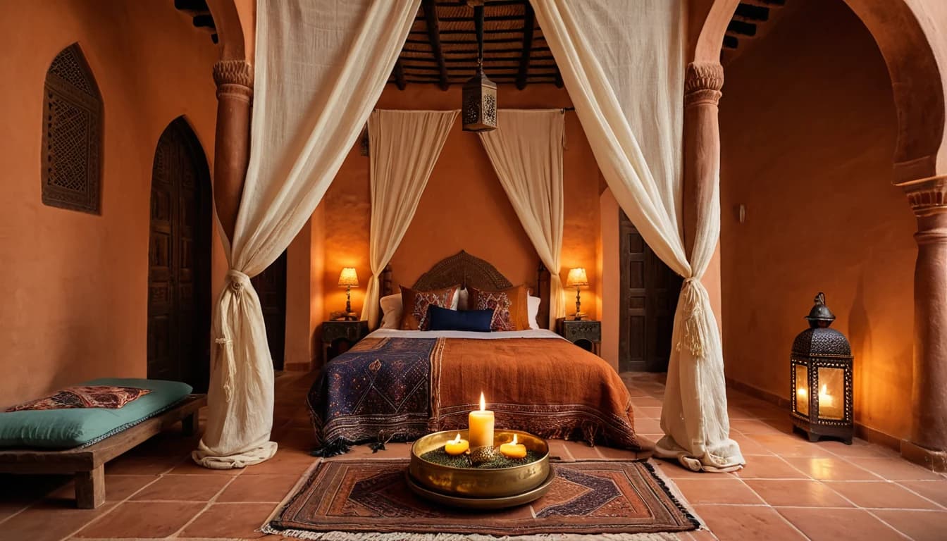 A warm plaster room with layered rugs, floor cushions around a low brass tray, and a canopy bed in the background
