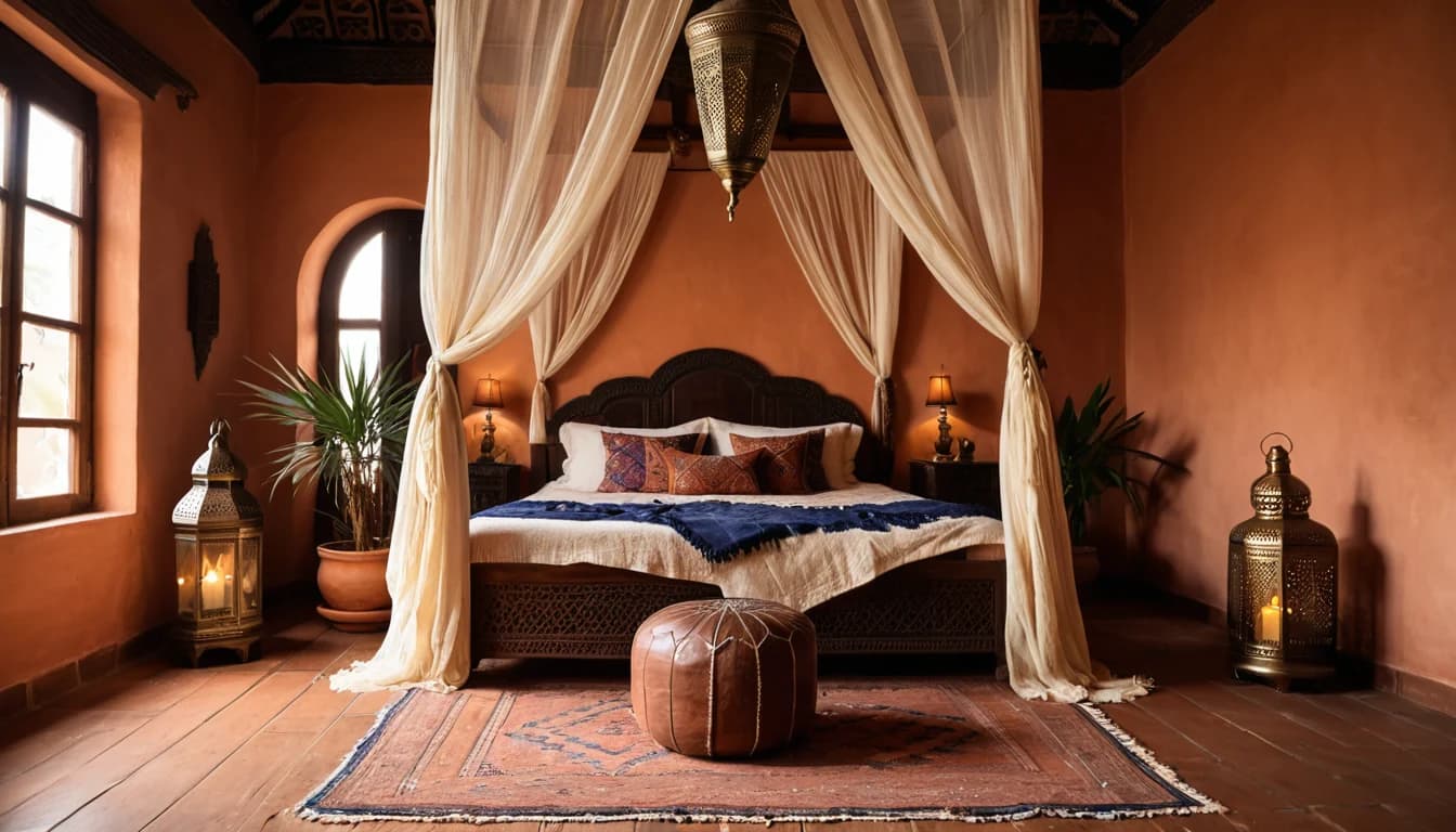 A low bed under a sheer canopy, made up in rust and indigo textiles, with lanterns glowing beside it