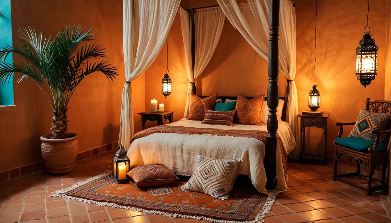 A boho bedroom with rugs layered on the floor and a brass lantern casting star-like patterns across the ceiling