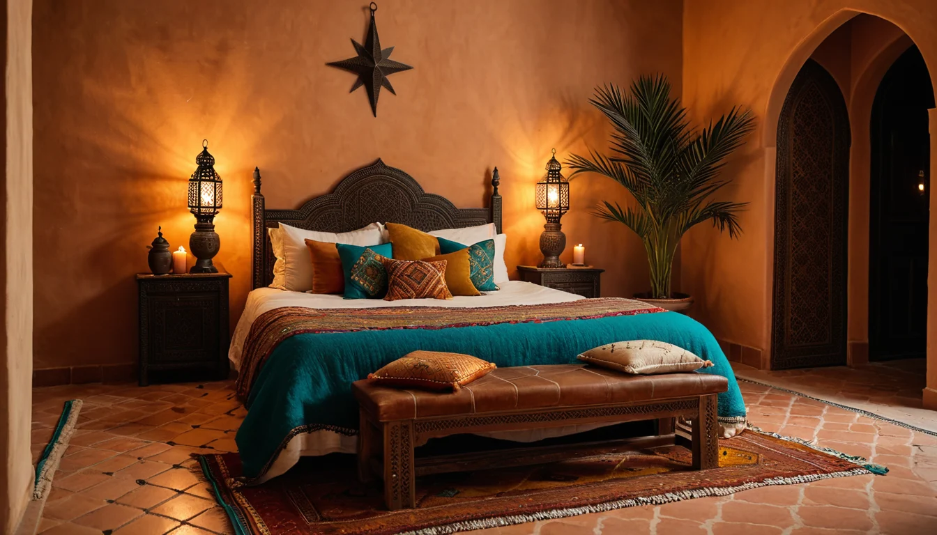 A corner of a clay-walled bedroom piled with embroidered cushions and throws, lit by colored-glass lanterns