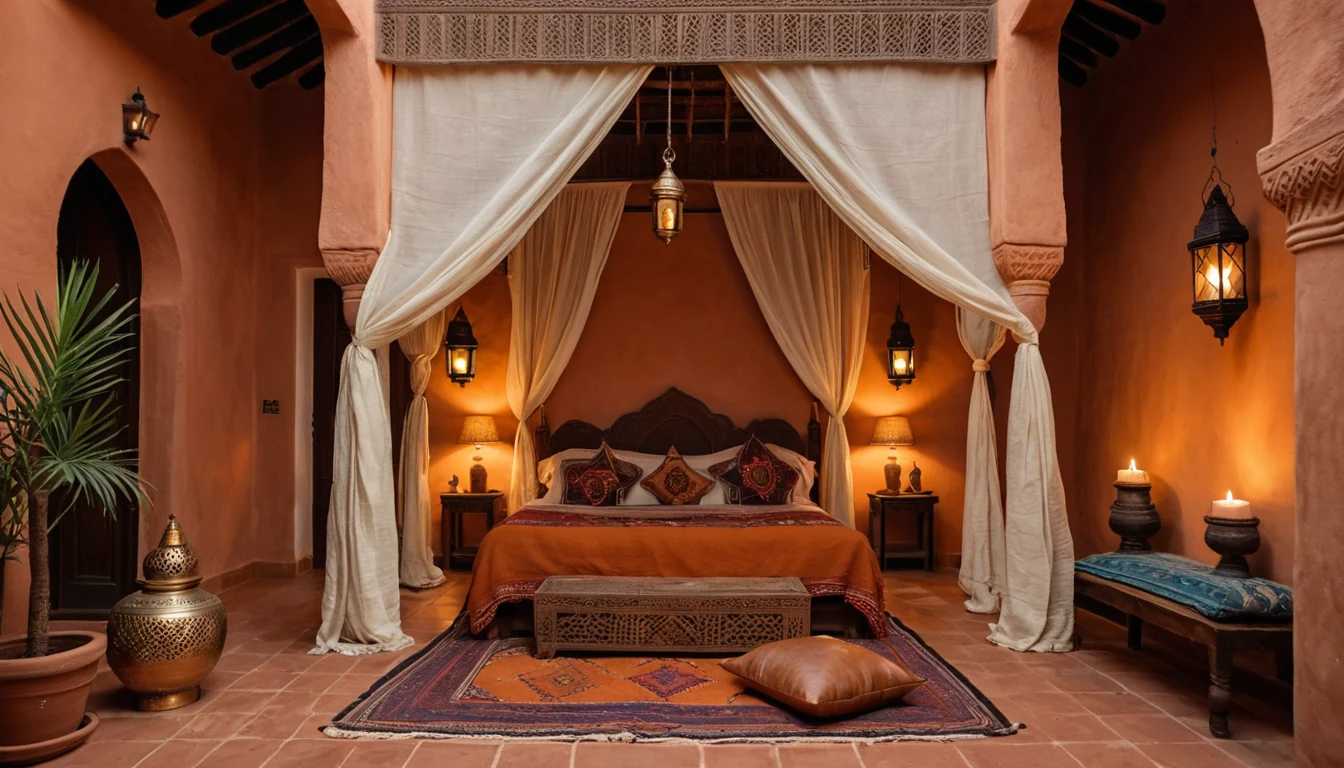 A tall arched mirror in a carved wood frame reflecting lanterns and a canopy bed in a warm plaster bedroom