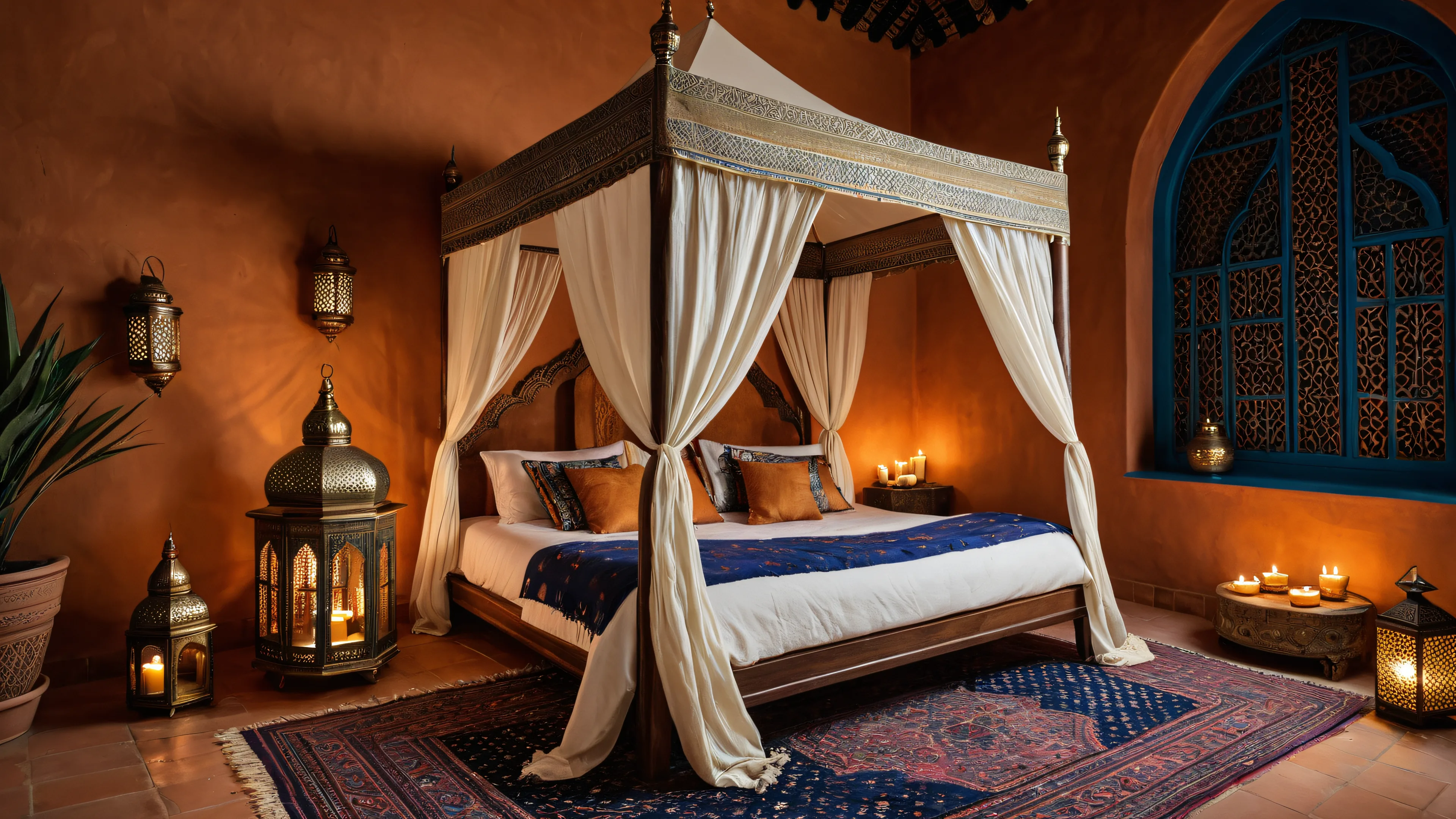 Boho Moroccan bedroom at dusk with clay plaster walls, a canopy bed in rust and indigo textiles, floor cushions, and glowing brass lanterns