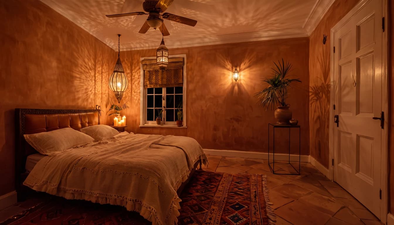 An ordinary bedroom before, and the same room in Boho Riad at night (after)