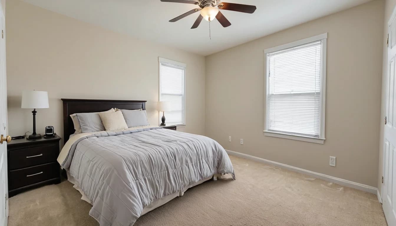 An ordinary bedroom before, and the same room in Coastal Retreat at night (before)