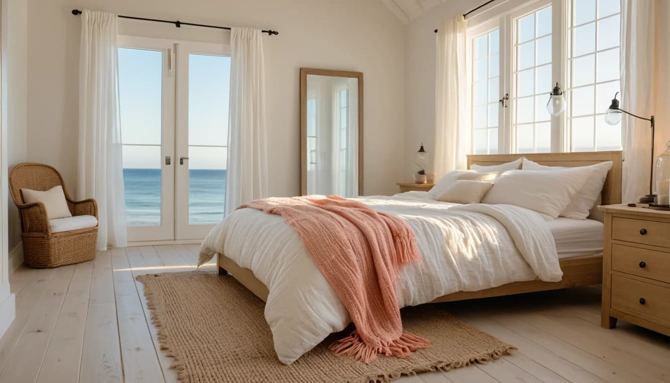 A bright white bedroom with a linen-made bed, a coral throw, and French doors open to the ocean
