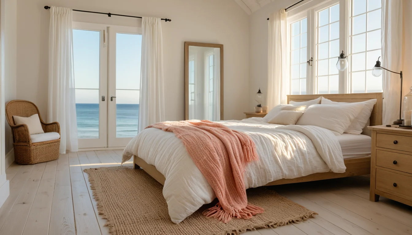 A bright white bedroom with a linen-made bed, a coral throw, and French doors open to the ocean