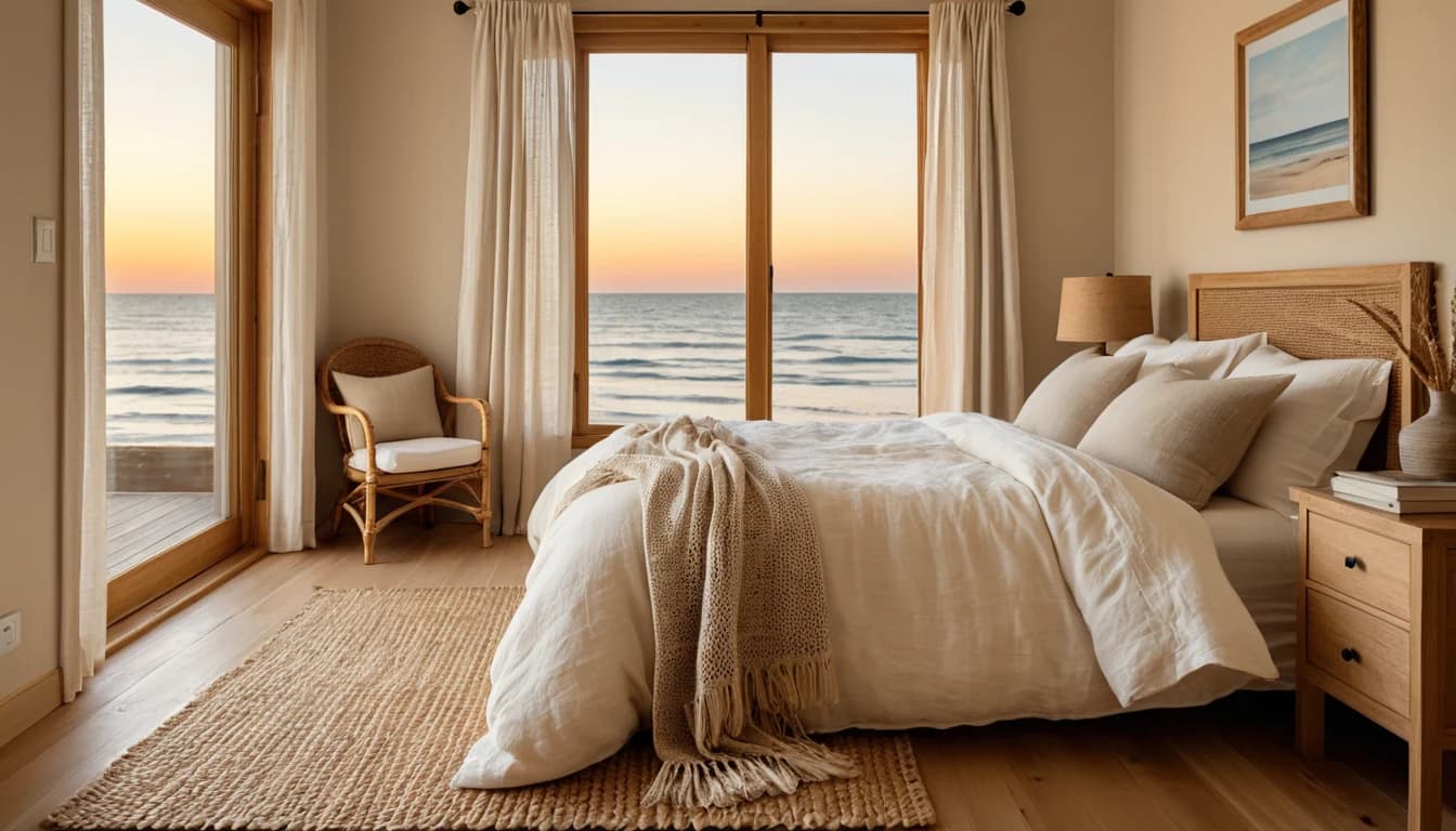 A sunlit coastal bedroom at sunset with wood-framed doors open to the ocean and a linen bed with a knit throw