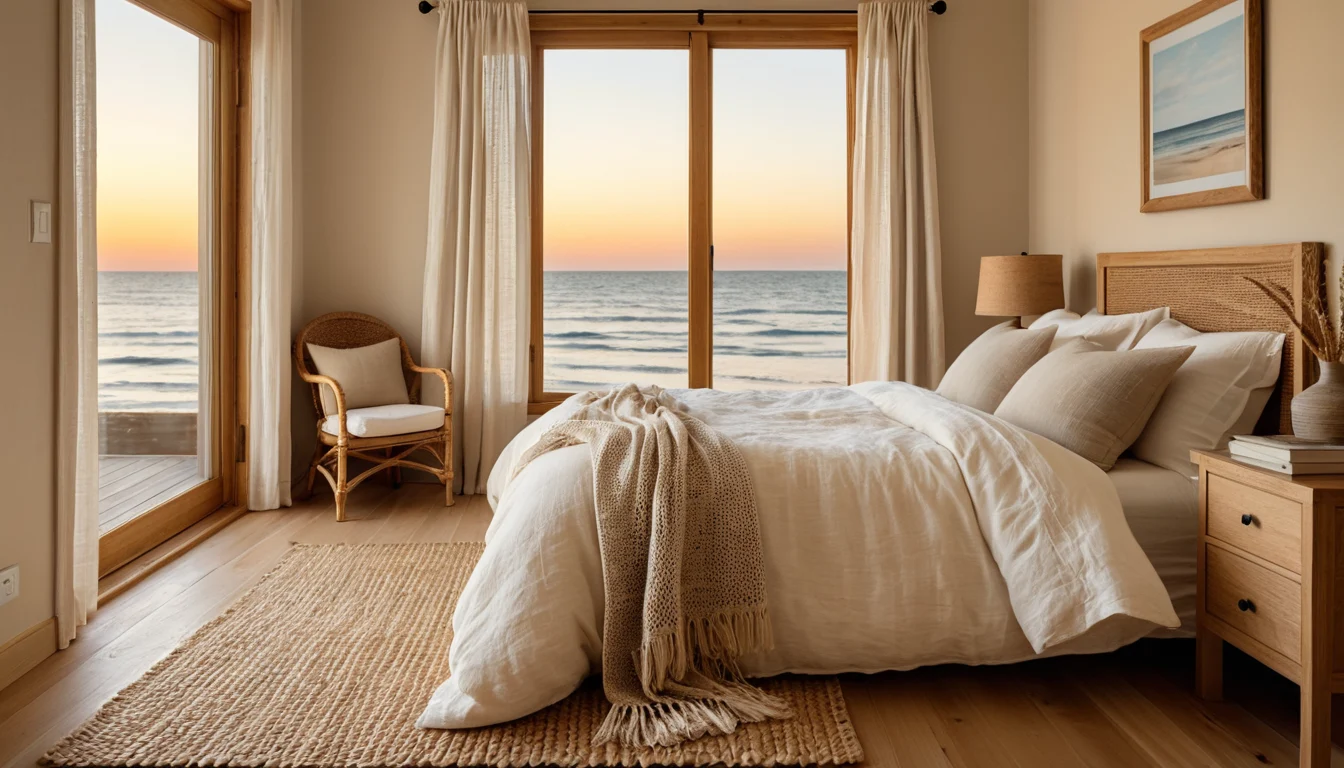 A sunlit coastal bedroom at sunset with wood-framed doors open to the ocean and a linen bed with a knit throw