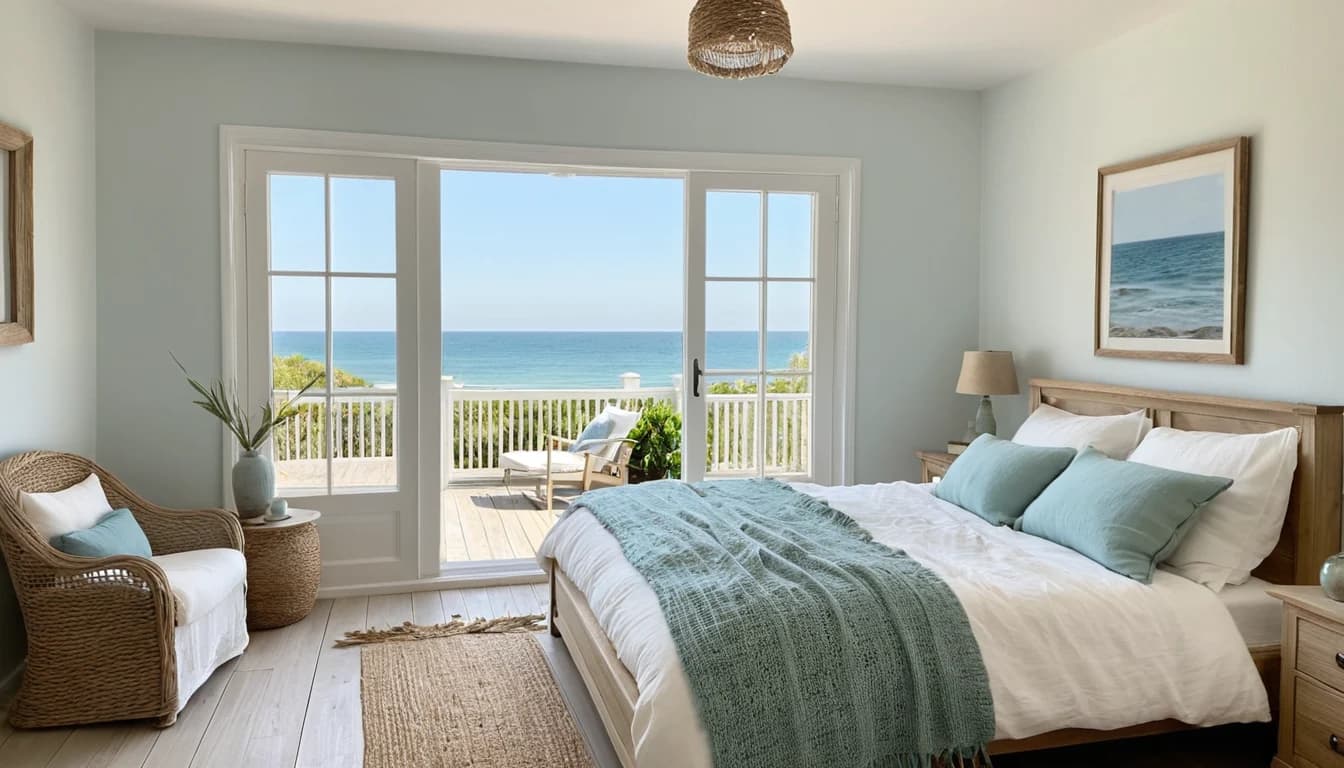 A pale blue coastal bedroom with balcony doors to the sea, a white bed with an aqua throw, and a rattan chair