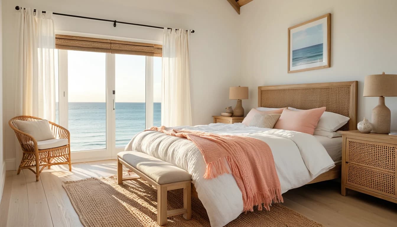 A coastal bedroom with a rattan bench at the foot of a white bed, a coral throw, and sheer curtains at the windows