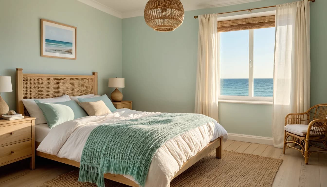 A sea-green coastal bedroom with a mint throw on a white bed and a window looking out to the water