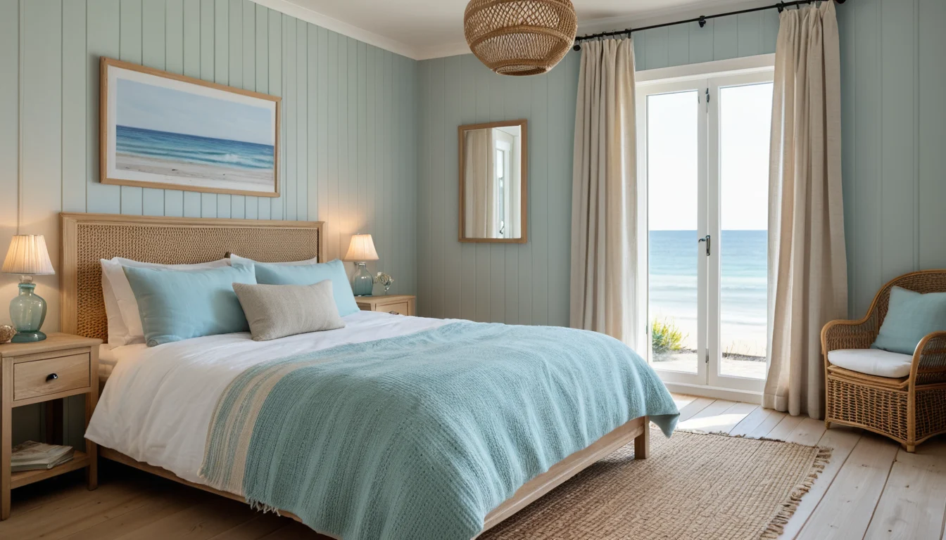 A blue-gray coastal bedroom with a framed wave print over a white bed, an aqua throw, and sheer curtains