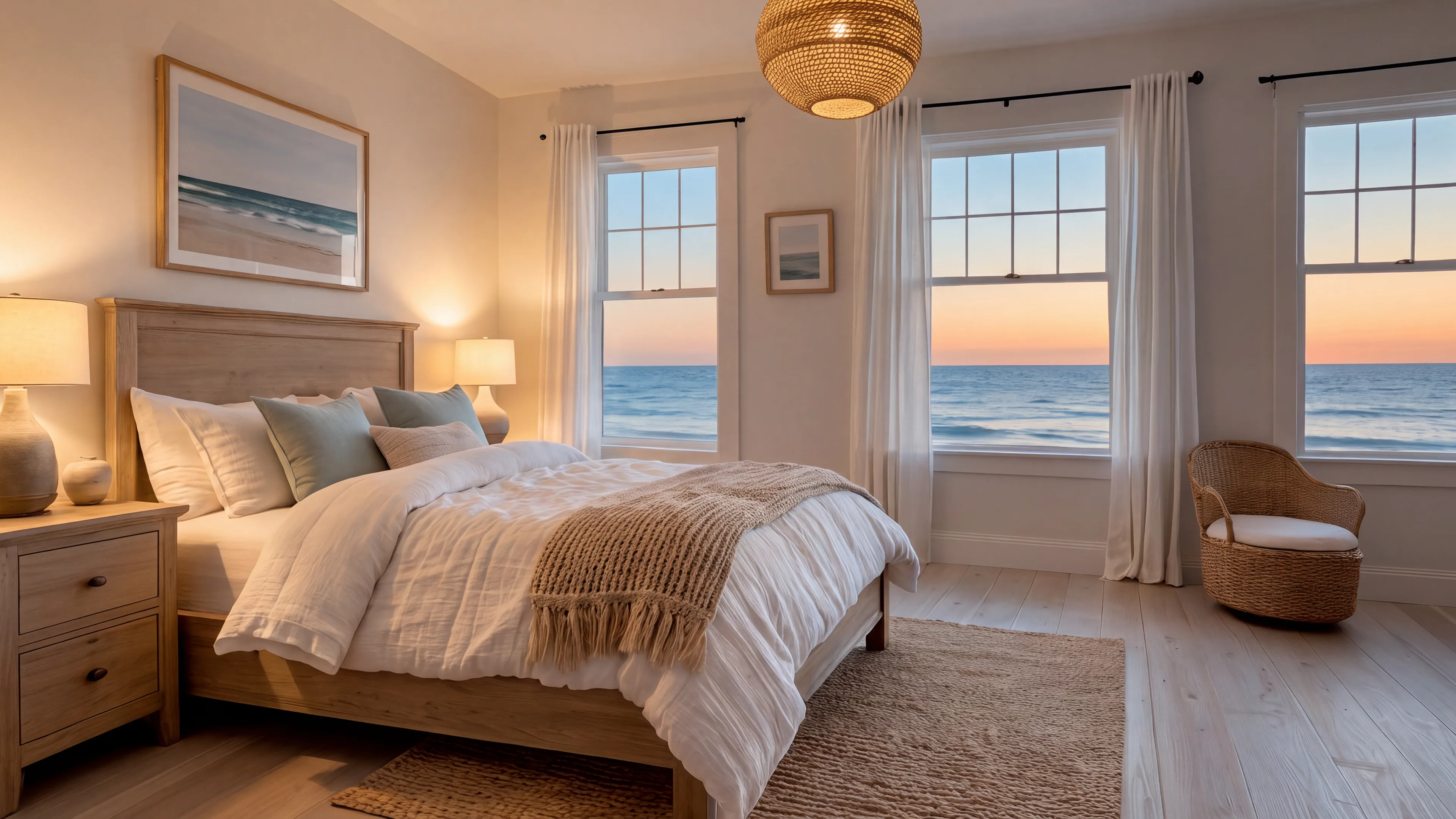 Coastal bedroom at sunset with white and sea-glass blue linen on a rattan bed, sheer curtains at open windows, a jute rug and hurricane lanterns glowing