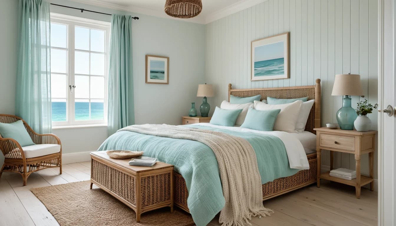 A Coastal Retreat bedroom from the Braise room library, sea-glass linen & a wicker bench