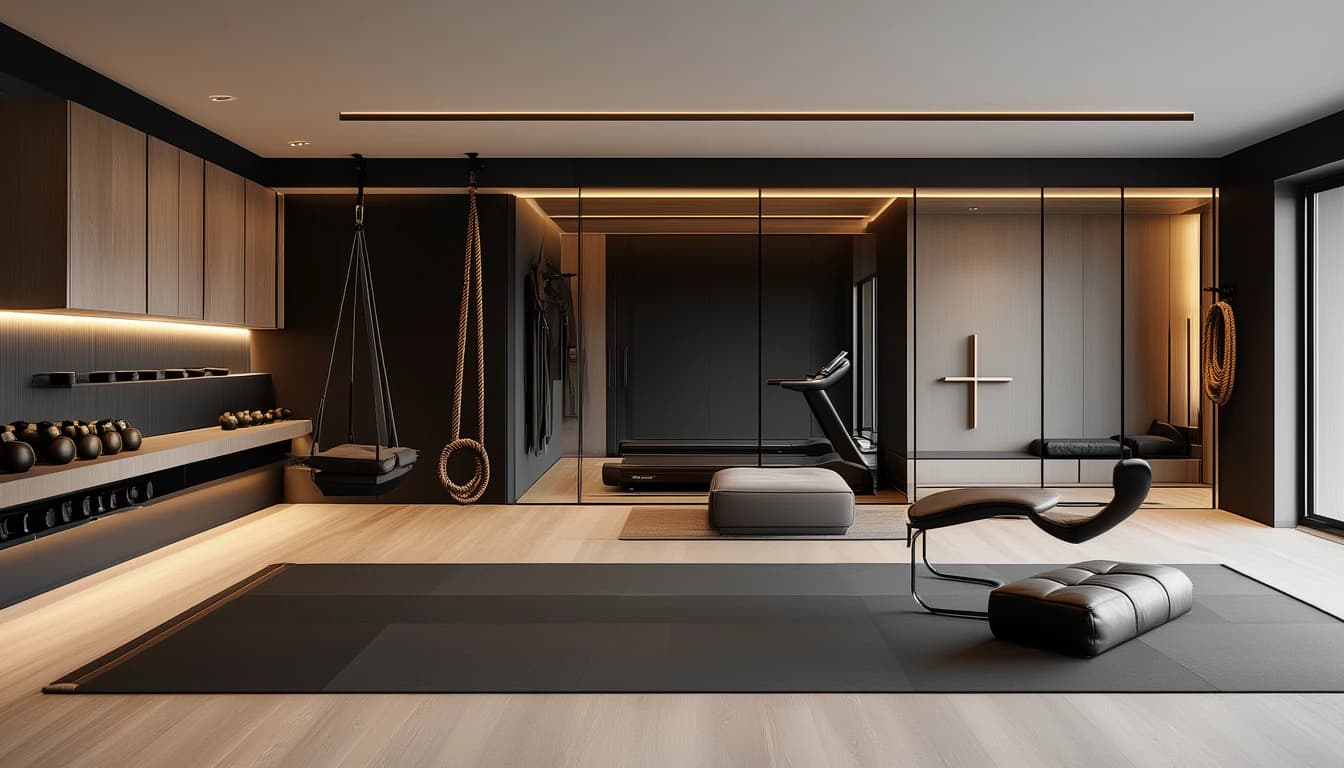 A minimal dark home studio with a wide floor mat, a curved leather chaise, a hanging seat and rope on the wall