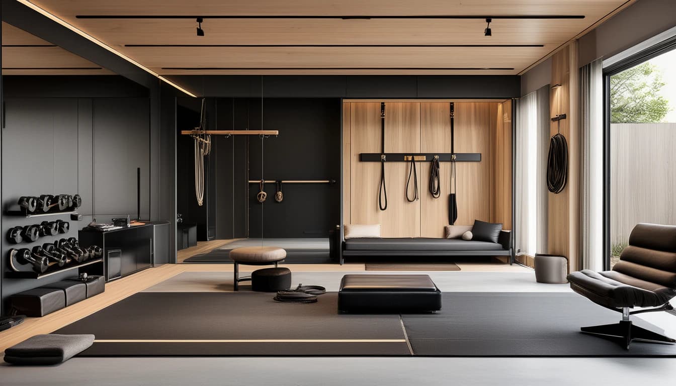 An open oak and black home studio with floor mats, a leather daybed, wall straps and a low ottoman