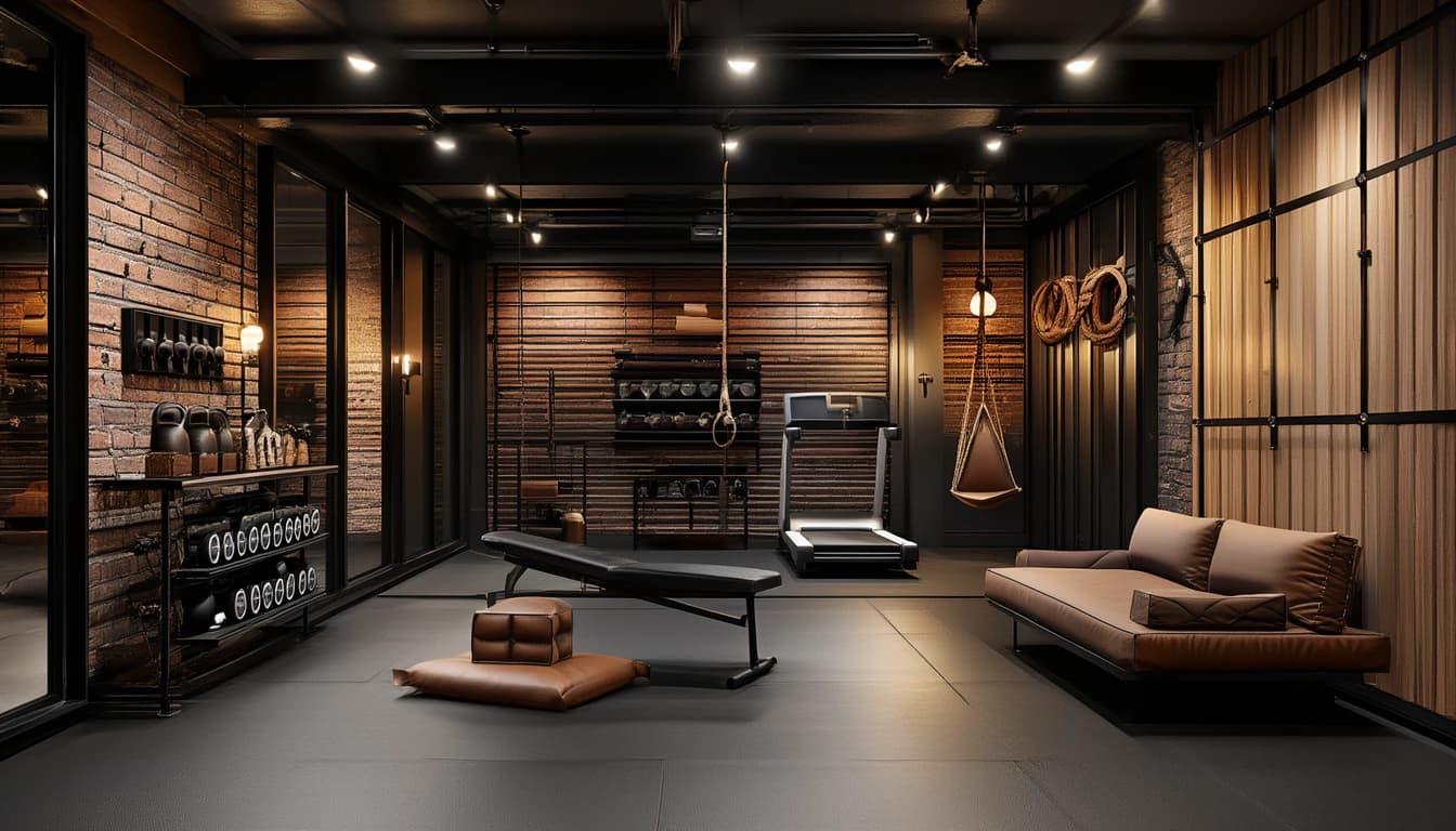 A dark brick home gym with a black bench, a leather sofa, a rope hanging seat and kettlebells on shelves