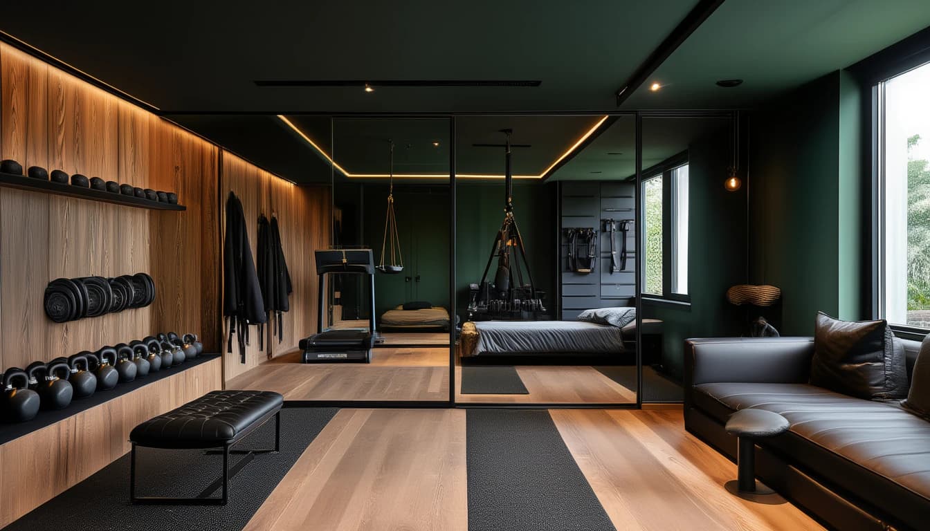A green and oak home studio with kettlebells on a ledge, a leather bench, mats and a long black leather sofa