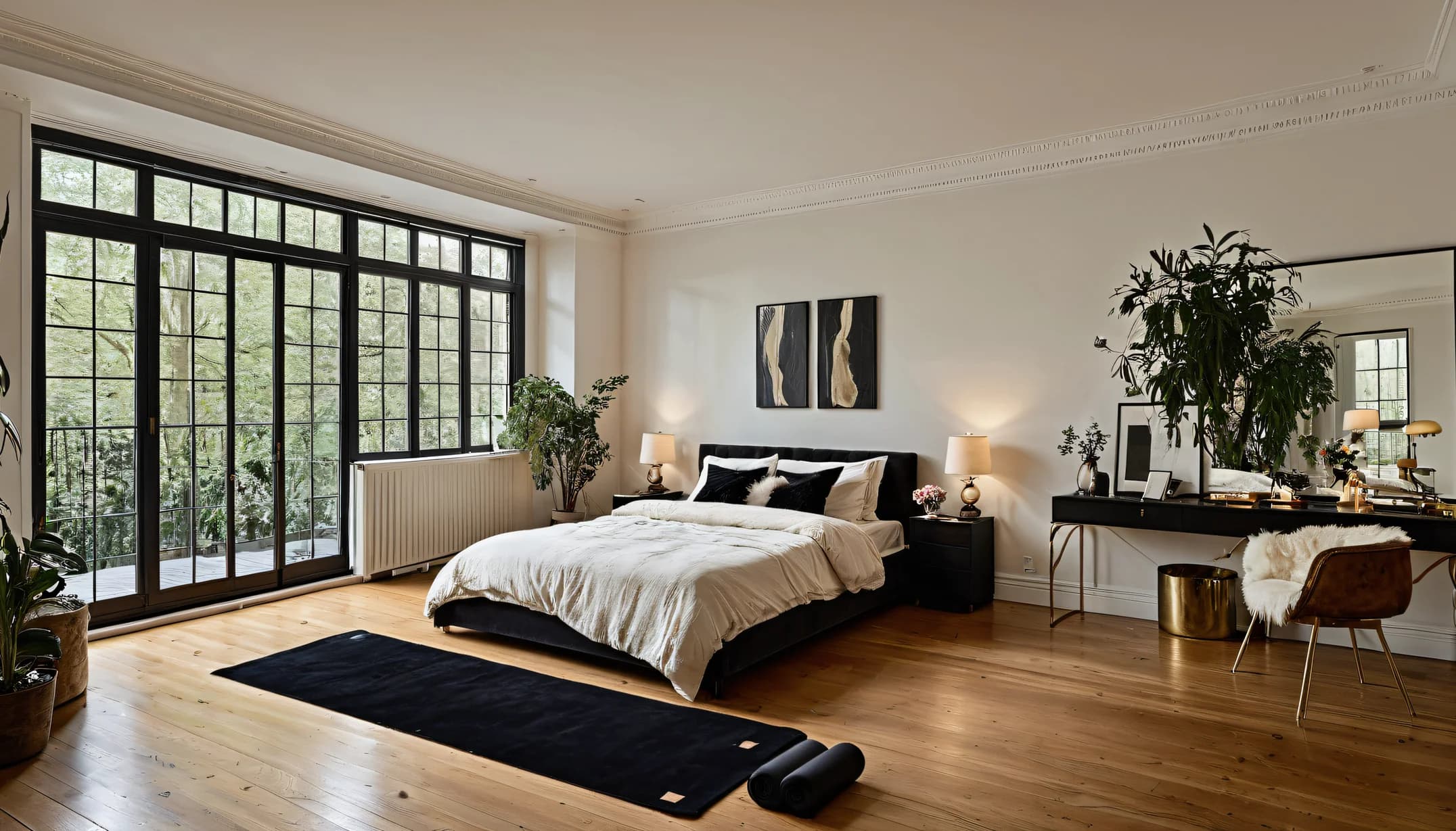 An Athletic Studio bedroom with bed and yoga mat