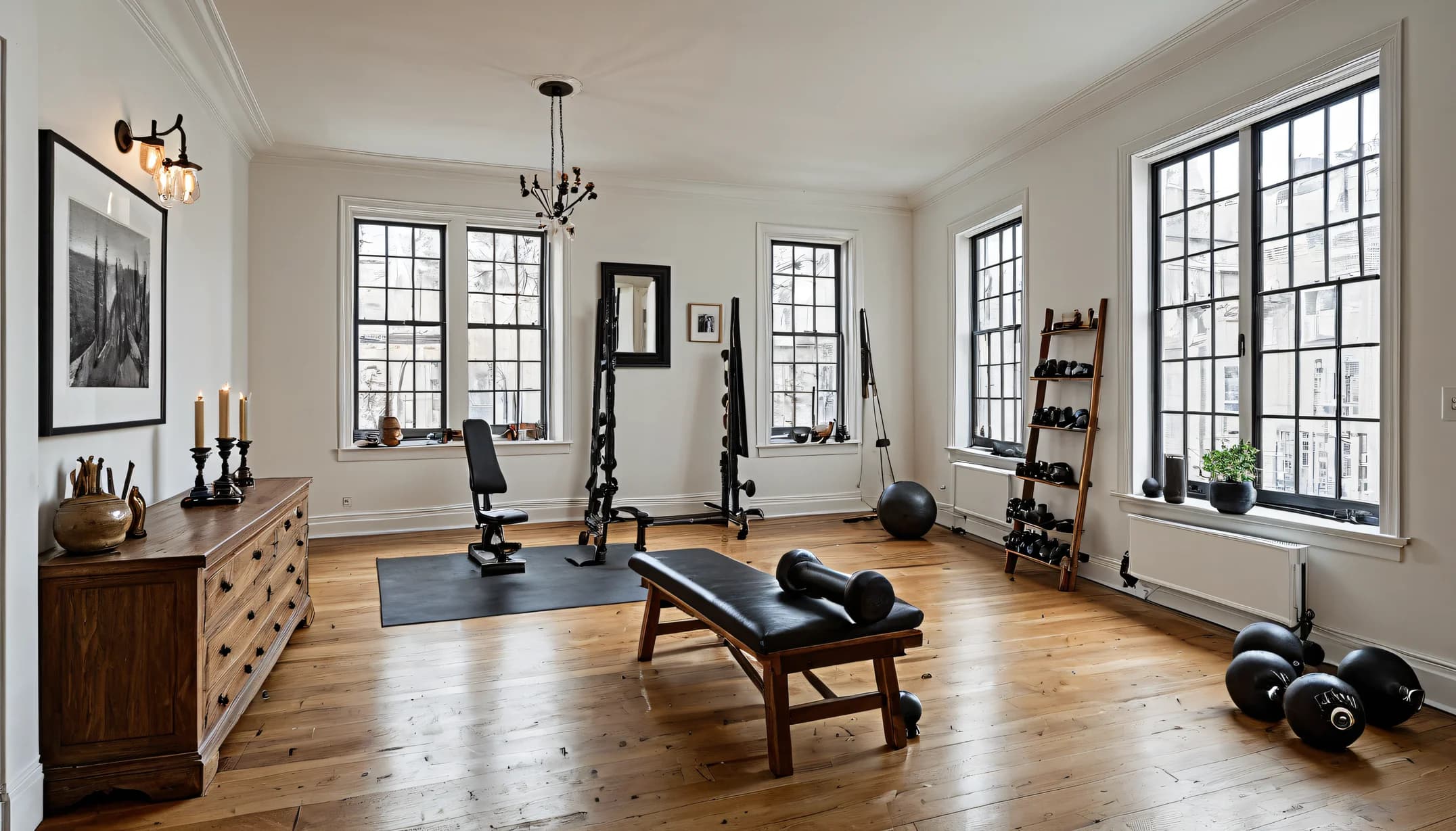 An Athletic Studio bedroom with weight bench and dumbbells