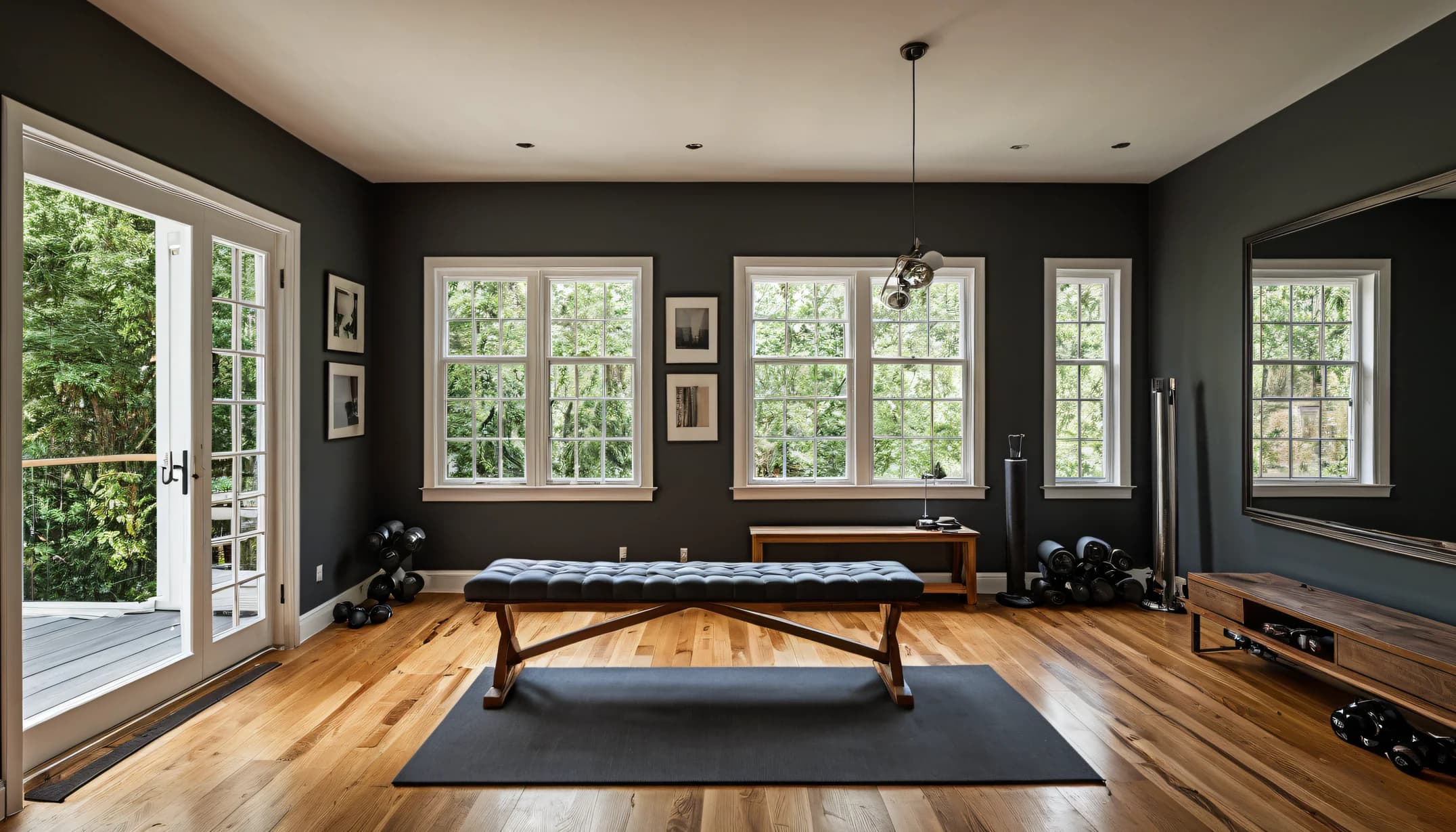 An Athletic Studio bedroom with dark walls and dumbbells