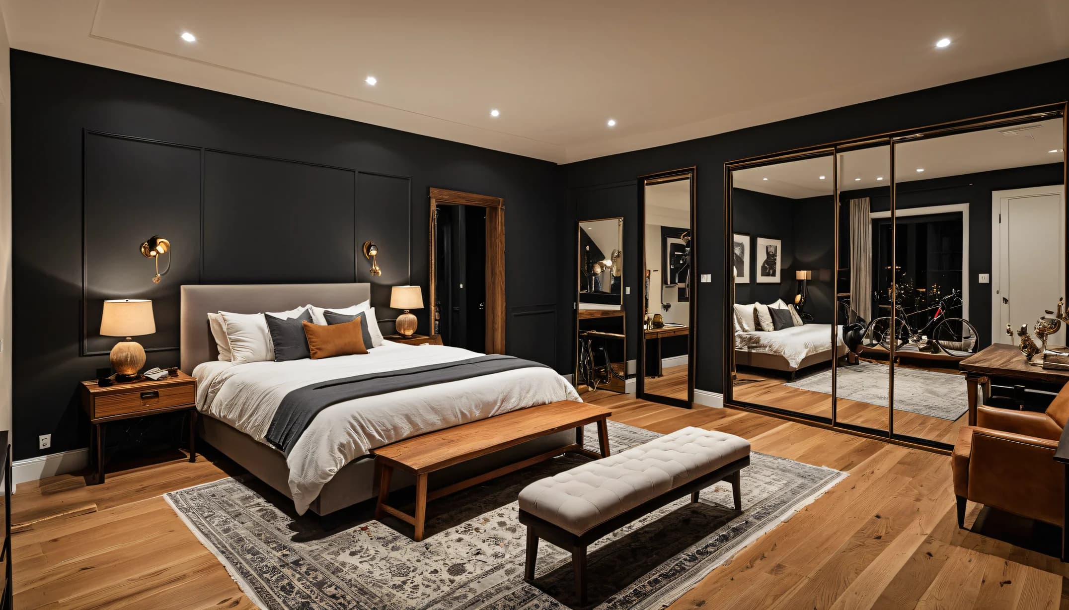 An Athletic Studio bedroom with mirror wardrobe and bench