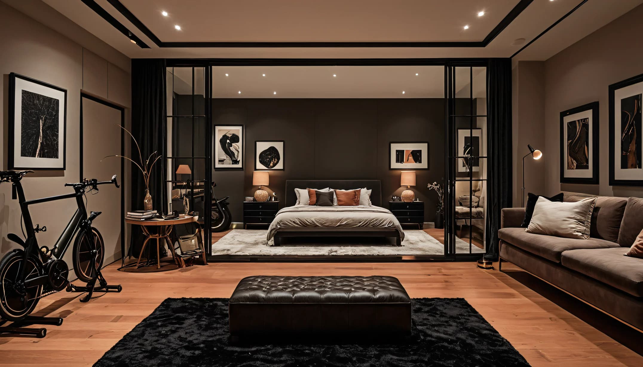 An Athletic Studio bedroom with spin bike and glass bedroom