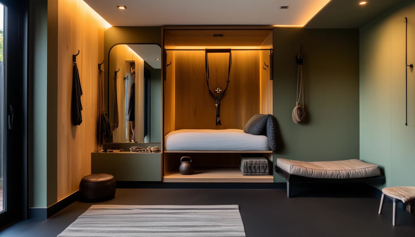 A warm athletic studio bedroom with an open floor and soft light