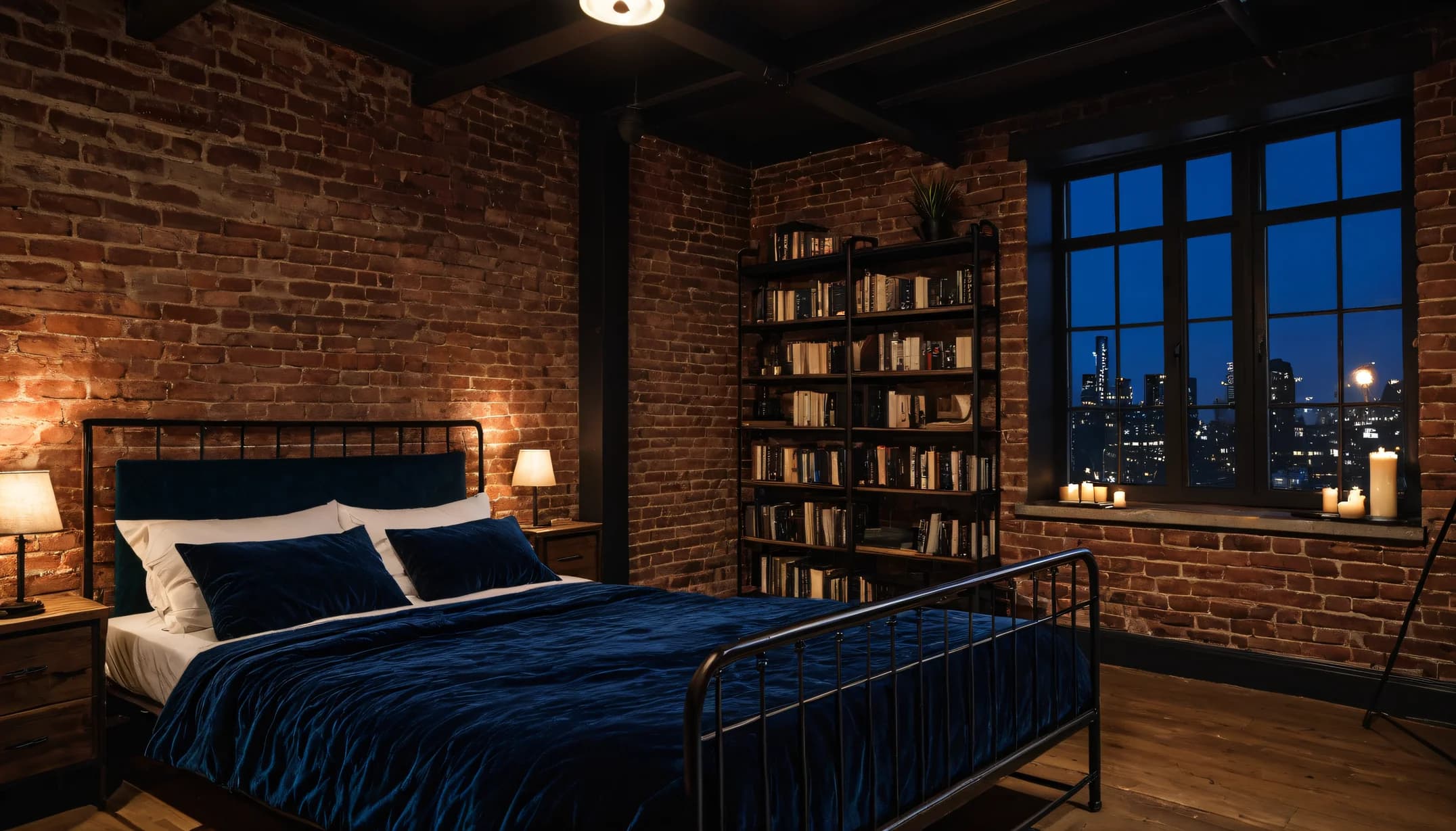 An Industrial Loft bedroom with brick, bookshelves and city lights
