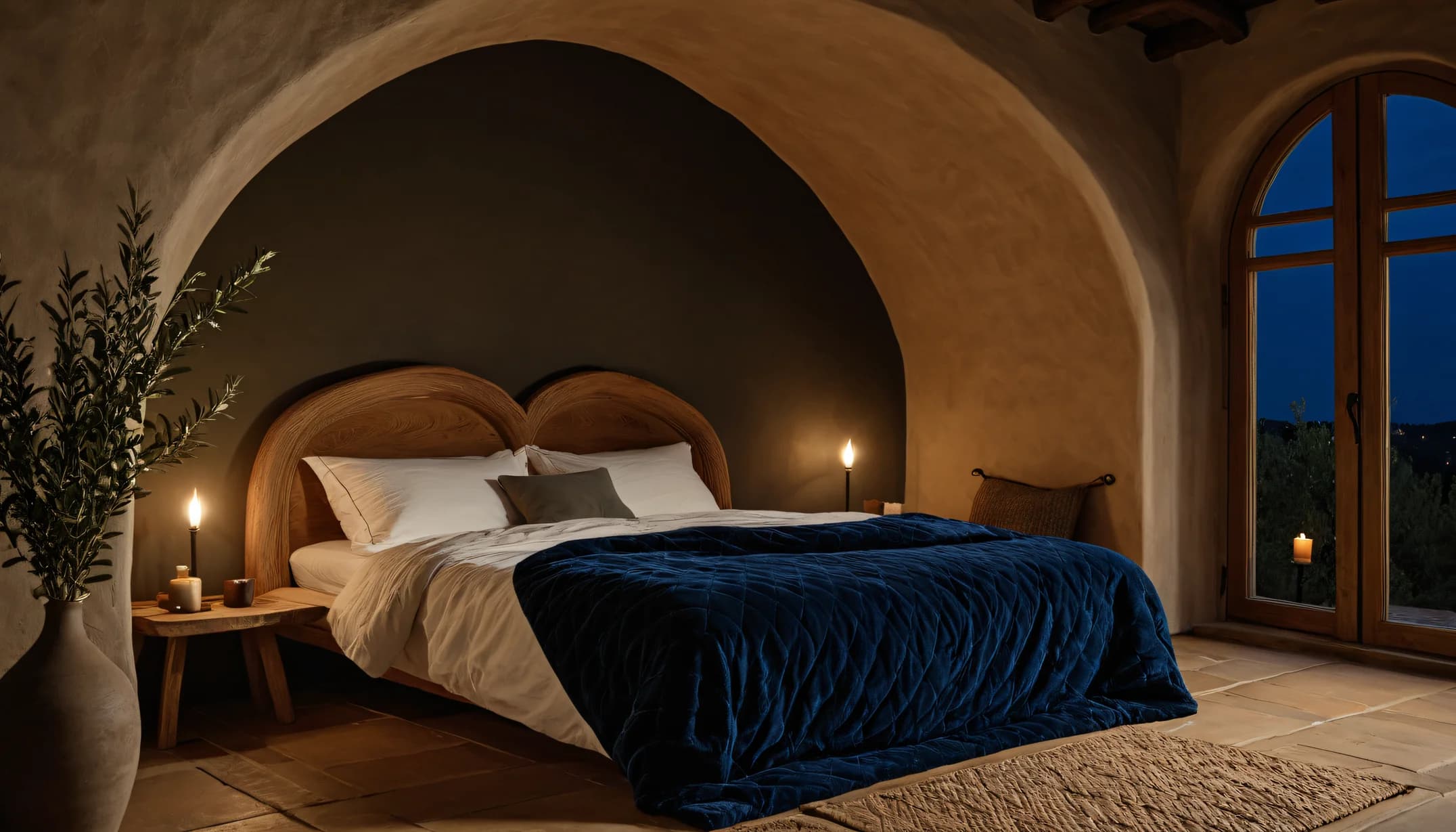 A Warm Organic bedroom with plaster arch and olive branches
