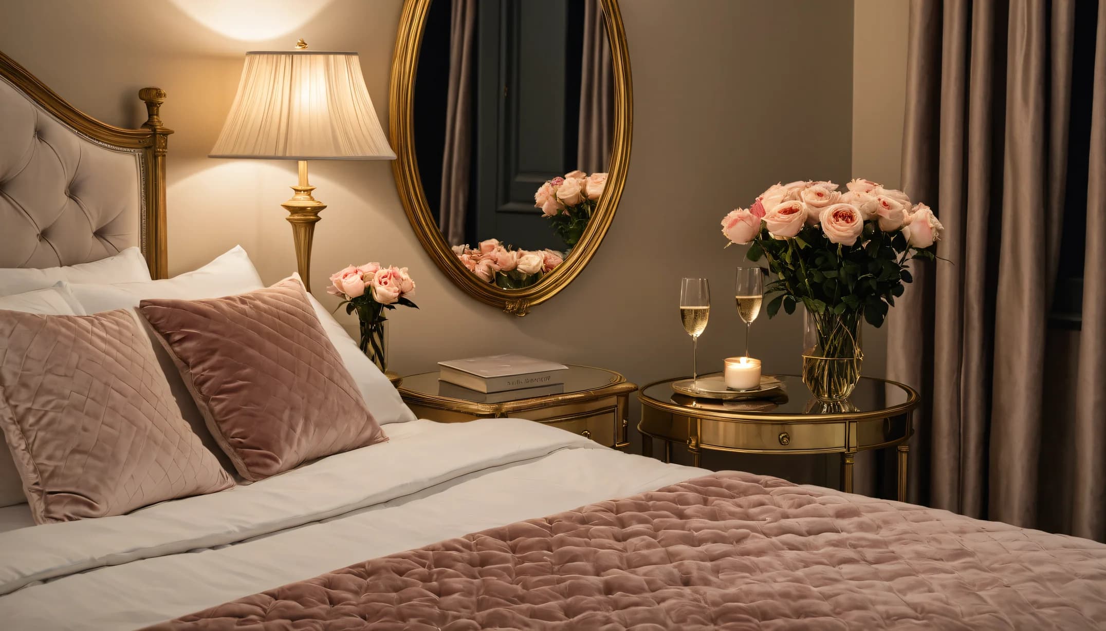 A Parisian Boudoir bedroom with garden roses and a gilt mirror